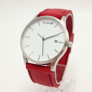 MVMT Mens 45mm Classic White Date Dress Watch Red Silicone Strap w New Battery